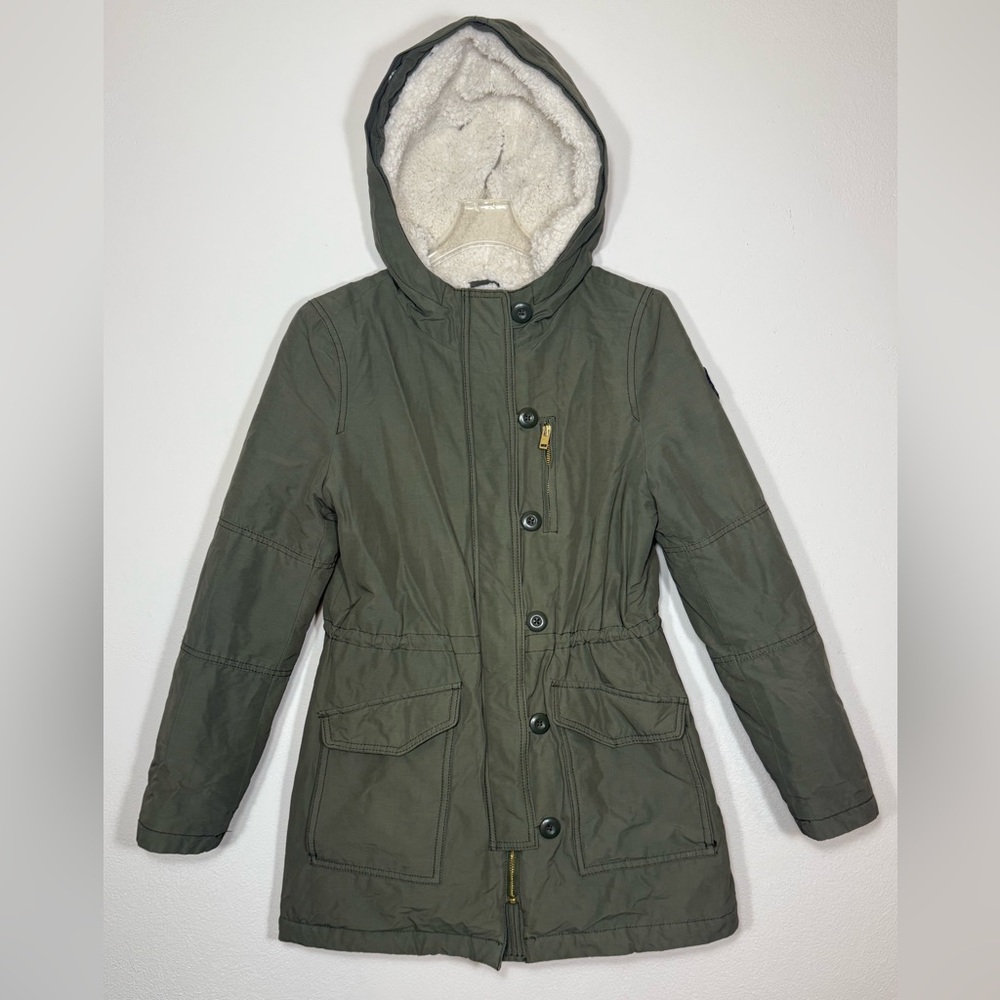 American Eagle Women Acrylic Button Zipper Outerwear Jacket in Olive Green